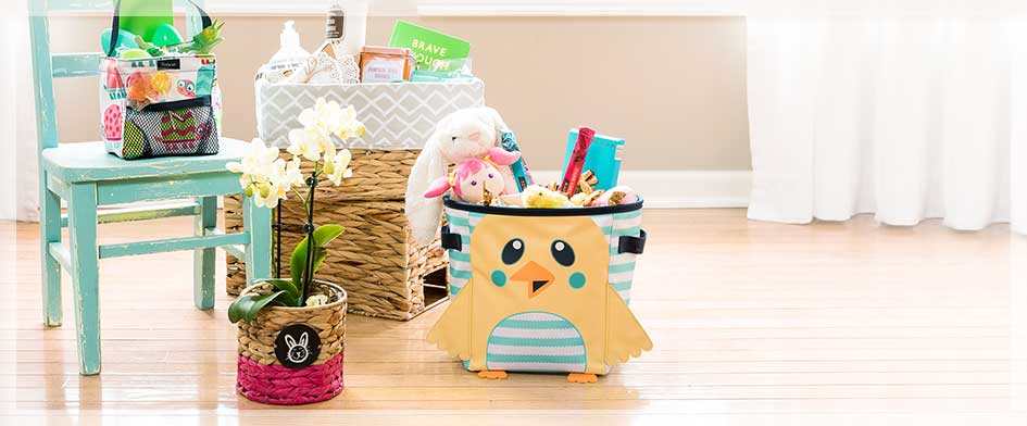 Easter themed items in totes and baskets